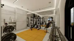 Academia com aparelhos de musculação, power rack e piso amarelo — Mirante dos Corais em Coqueiros, Florianópolis