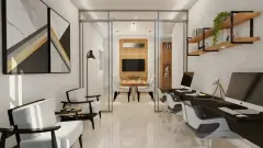 Coworking com bancadas de trabalho, monitores, sofás e sala de reunião envidraçada — Mirante dos Corais em Coqueiros, Florianópolis