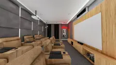 Sala de cinema privativa com poltronas reclináveis bege, projetor e tela grande — Mirante dos Corais em Coqueiros, Florianópolis