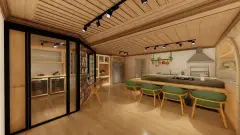 Espaço gourmet com bancada, cadeiras verdes e adega envidraçada integrada — Mirante dos Corais em Coqueiros, Florianópolis