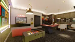 Sala de jogos com pebolim, mesa de sinuca, TV, decoração gamer e neon — Mirante dos Corais em Coqueiros, Florianópolis