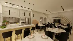 Salão de festas com cozinha integrada, mesas redondas, cadeiras pretas e mural de palmeiras — Mirante dos Corais em Coqueiros, Florianópolis