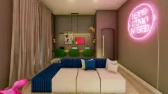 Suíte jovem com cama plataforma, neon rosa, cadeiras verdes e decoração teen — Mirante dos Corais em Coqueiros, Florianópolis