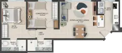 Planta baixa apartamento 2 dormitórios com suíte de 11,22 m² e estar/jantar/cozinha de 21,11 m² — Mirante dos Corais em Coqueiros, Florianópolis