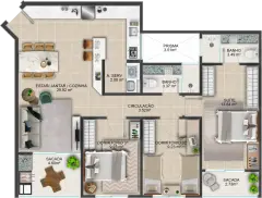 Planta baixa apartamento 3 dormitórios opção espelhada com estar/jantar/cozinha de 29,92 m² — Mirante dos Corais em Coqueiros, Florianópolis