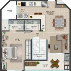 Planta baixa duplex andar inferior com suíte de 15,13 m², lavabo e sacada de 7,04 m² — Mirante dos Corais em Coqueiros, Florianópolis