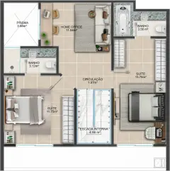 Planta baixa duplex andar superior com home office de 11,04 m² e 2 suítes — Mirante dos Corais em Coqueiros, Florianópolis