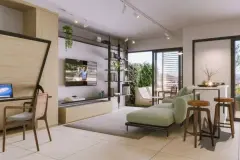 Interior do studio com cama retrátil, painel de TV, chaise verde e sacada integrada — Mobby Campeche en Campeche, Florianópolis