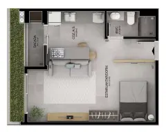 Planta baixa studio garden com estar/jantar/dorm. de 21,31 m² e jardim privativo — Mobby Campeche en Campeche, Florianópolis
