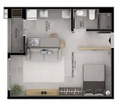 Planta baixa studio standard com estar/jantar/dorm. de 21,31 m² e sacada de 1,72 m² — Mobby Campeche en Campeche, Florianópolis