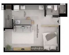 Planta baixa studio opção B com estar/jantar/dorm. de 21,31 m² e sacada — Mobby Campeche en Campeche, Florianópolis