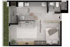 Planta baixa studio garden opção B com estar/jantar/dorm. de 21,31 m² e jardim lateral — Mobby Campeche en Campeche, Florianópolis