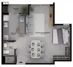 Planta baixa studio maior com estar/jantar/dorm. de 29,42 m² e sacada — Mobby Campeche en Campeche, Florianópolis