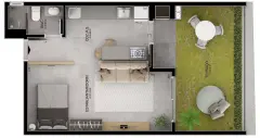 Planta baixa studio com terraço privativo de 18,37 m² e estar/jantar/dorm. de 21,31 m² — Mobby Campeche en Campeche, Florianópolis