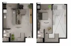 Planta baixa duplex loft com living/coz. de 32,47 m² no térreo e mezanino/dorm. de 12,31 m² — Mobby Campeche en Campeche, Florianópolis