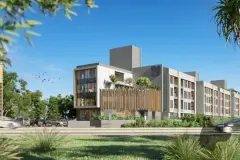 Fachada diurna do empreendimento com ripas de madeira e paisagismo na rua — Mobby Campeche en Campeche, Florianópolis