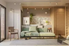 Sala de estar integrada com sofá verde, cozinha ao fundo e painel de madeira — Mobby Campeche en Campeche, Florianópolis