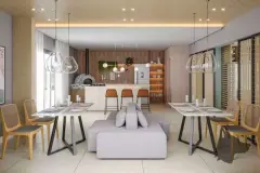 Espaço gourmet com forno de pizza, bancada, pendentes de vidro e mesas de jantar — Mobby Campeche en Campeche, Florianópolis