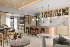 Bar e área social com balcão rosa acanalado, bancos, prateleiras e divisória ripada — Mobby Campeche en Campeche, Florianópolis