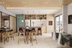 Bar e área gourmet com bancada de mármore, bancos de rattan e divisória de madeira — Mobby Campeche en Campeche, Florianópolis