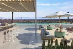 Rooftop com pergolado, piscina, bar, sofás e cactos — Mobby Campeche en Campeche, Florianópolis