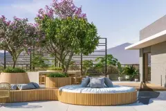 Terraço no rooftop com daybed circular de madeira, ipê rosa e canteiros paisagísticos — Mobby Campeche en Campeche, Florianópolis