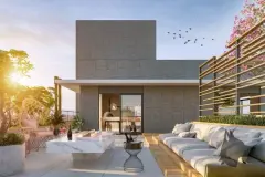 Terraço da cobertura ao pôr do sol com sofá, mesa de mármore, pergolado e pássaros — Mobby Campeche en Campeche, Florianópolis