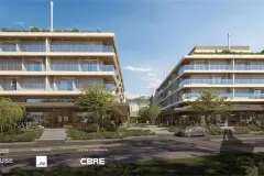 fachada render dois blocos Natus lojas térreo Bakery Tokyo Dinner jardim créditos CBRE JA8 — Natus em Ponta das Canas, Florianópolis