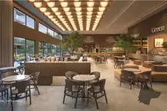 Natus Mall praça alimentação restaurantes Naturale Pizzeria Green luminárias esféricas mesas — Natus em Ponta das Canas, Florianópolis