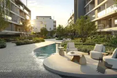 área externa piscina alongada sofás brancos arredondados mesas douradas jardins entardecer — Natus em Ponta das Canas, Florianópolis