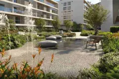jardim lago pedras stepping stones chafariz banco madeira flores tropicais coloridas — Natus em Ponta das Canas, Florianópolis