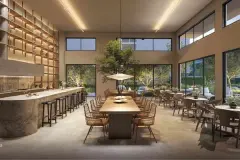 salão gourmet noturno bancada mármore banquetas mesa longa jantar árvore interna estante iluminada — Natus em Ponta das Canas, Florianópolis