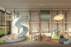 brinquedoteca kids escorregador espiral azul piscina bolinhas estrutura madeira pufes coloridos nuvem — Natus em Ponta das Canas, Florianópolis