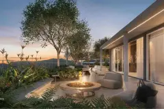 terraço privativo fire pit poltrona sofá plantas tropicais entardecer morros — Natus em Ponta das Canas, Florianópolis