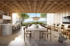 salão gourmet rooftop bancada mármore mesa longa madeira cadeiras teto ripado vista mar morros — Natus em Ponta das Canas, Florianópolis