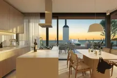 cozinha integrada sala jantar bancada ilha mesa jantar cadeiras palha janelão varanda vista mar — Nautic Campeche Fase 2 em Campeche, Florianópolis