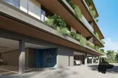 fachada lateral subsolo garagem bicicletas jardins suspensos varandas ripas madeira — Nautic Campeche Fase 2 em Campeche, Florianópolis