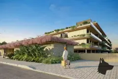 fachada lateral rua pedestre mulher sacola jardim frontal flores rosas pendentes fachada contemporânea — Nautic Campeche Fase 2 em Campeche, Florianópolis