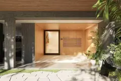 hall entrada elevador revestimento madeira portaria iluminada plaqueta número apartamento plantas — Nautic Campeche Fase 2 em Campeche, Florianópolis