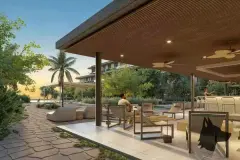 área lazer coberta pergolado ripado poltrona sofá espreguiçadeiras jardim piscina entardecer — Nautic Campeche Fase 2 em Campeche, Florianópolis