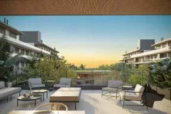 terraço privativo poltronas sofás espreguiçadeiras vista jardim piscina dois blocos mar entardecer — Nautic Campeche Fase 2 em Campeche, Florianópolis