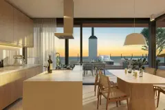 cozinha integrada sala jantar bancada ilha mesa jantar cadeiras palha janelão varanda vista mar — Nautic Campeche em Campeche, Florianópolis