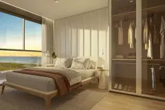 suíte master cama casal closet vidro janela grande vista mar praia entardecer — Nautic Campeche em Campeche, Florianópolis