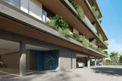 fachada lateral subsolo garagem bicicletas jardins suspensos varandas ripas madeira — Nautic Campeche em Campeche, Florianópolis