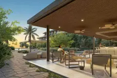 terraço privativo poltronas sofás espreguiçadeiras vista jardim piscina dois blocos mar entardecer — Nautic Campeche em Campeche, Florianópolis