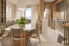 sala de jantar mesa 6 cadeiras cozinha armários verdes integrada vista mar janela — Neo Continente em Estreito, Florianópolis