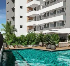 piscina ângulo lateral fachada deck palmeiras guarda-sol — Neo Continente em Estreito, Florianópolis