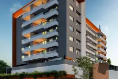 fachada ângulo lateral entardecer topo laranja varandas — Neo Continente em Estreito, Florianópolis