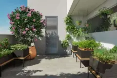 jardim horta suspensa canteiros ervas árvore flores lilás bancos — Neo Continente em Estreito, Florianópolis