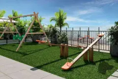 playground infantil balanço gangorra grama sintética palmeiras vista mar — Neo Continente em Estreito, Florianópolis